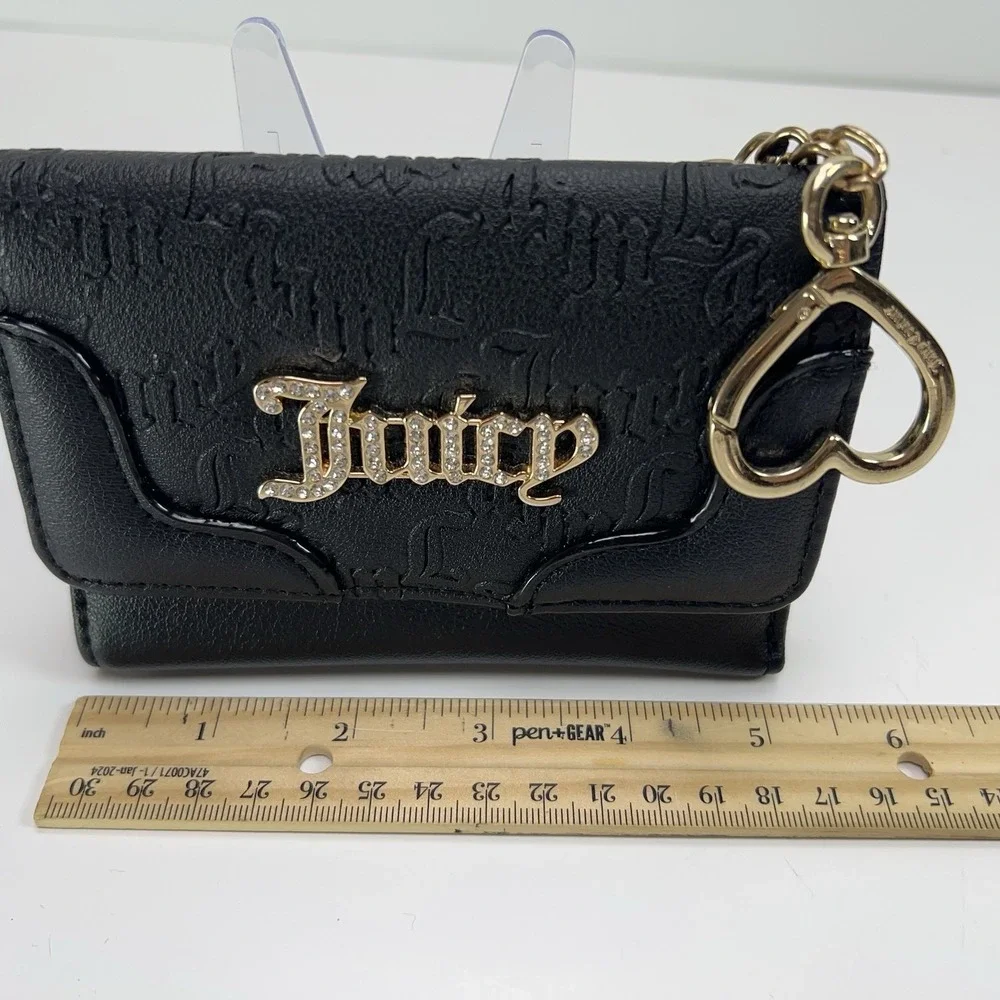 Juicy Couture Heartless Trifold Wallet Double Sided Gold Charm Liquorice Black